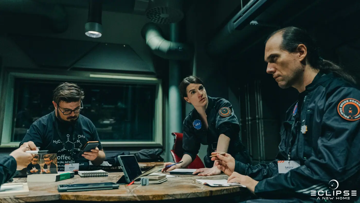 A briefing scene aboard the Eclipse set