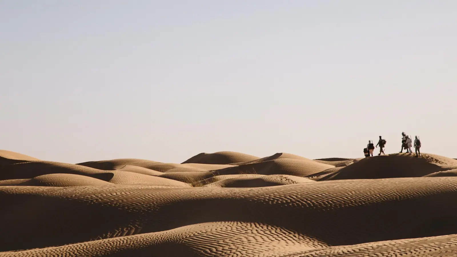 Tiny figures crossing an immense dune field