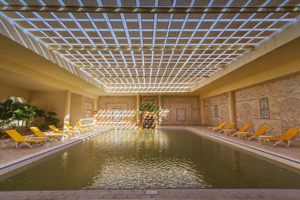 The golden interior of the expedition's base hotel