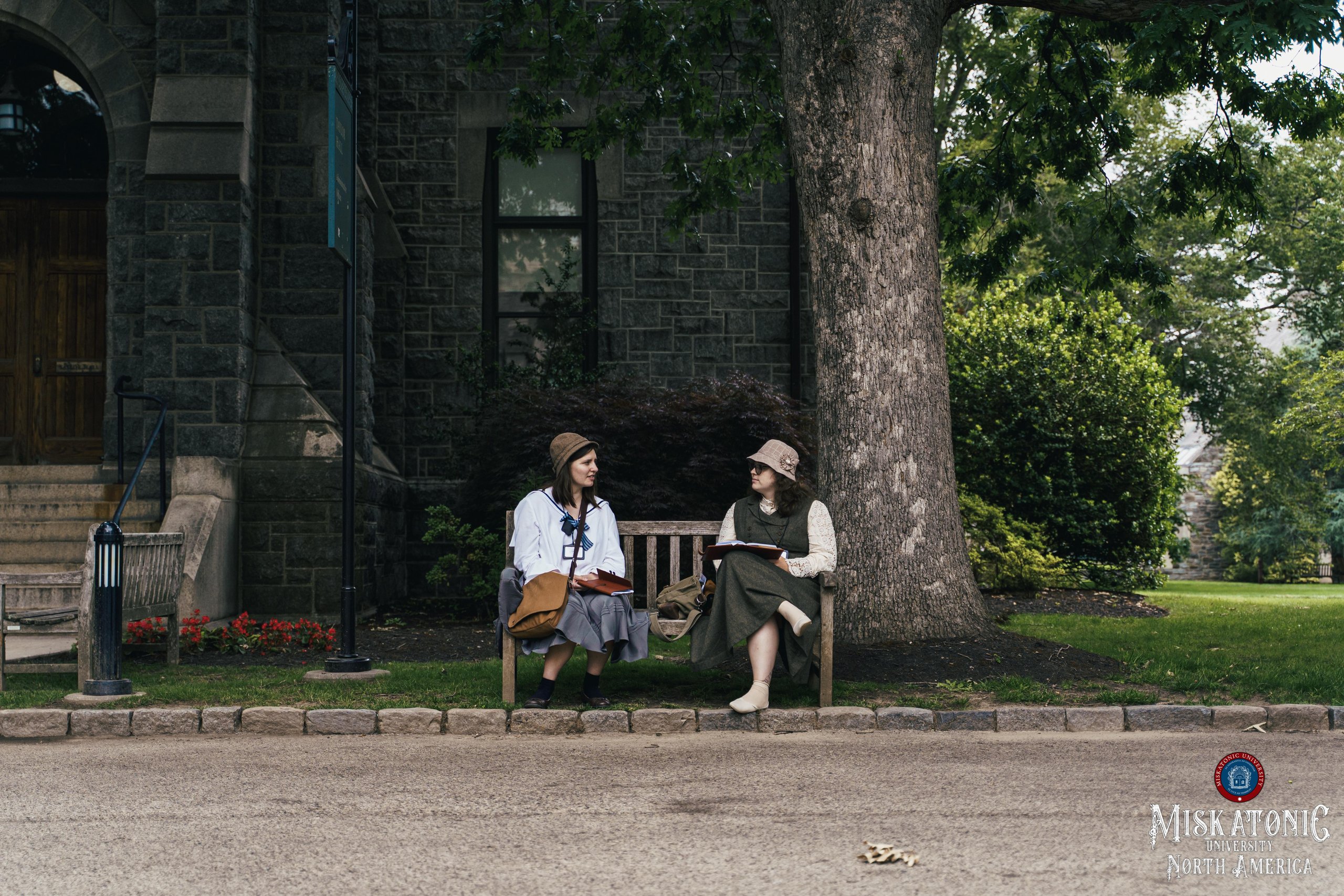 Two students talk on a bench beneath an old tree