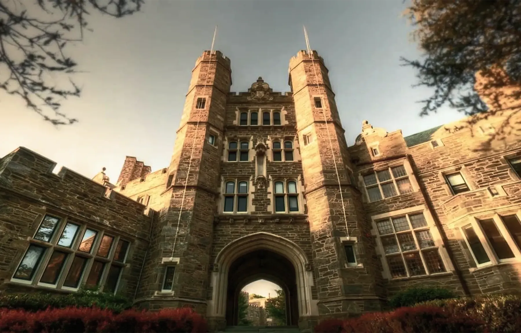 The neo-gothic towers of the college in low sun
