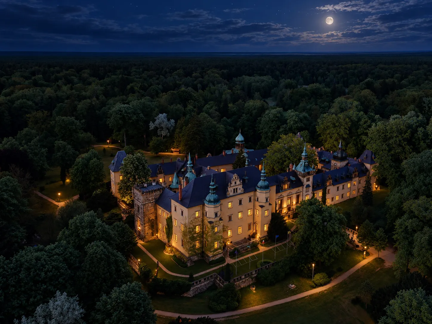 Kliczków Castle at night seen from above, alone in the woods under a full moon