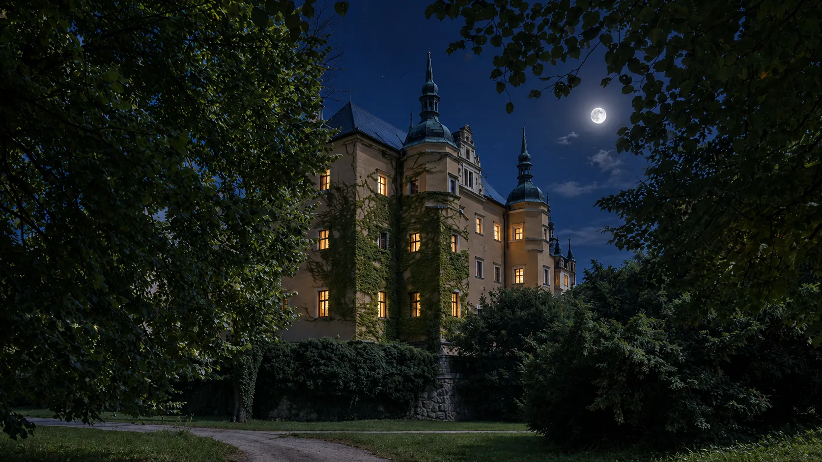 The castle at night under a full moon, seen through the trees